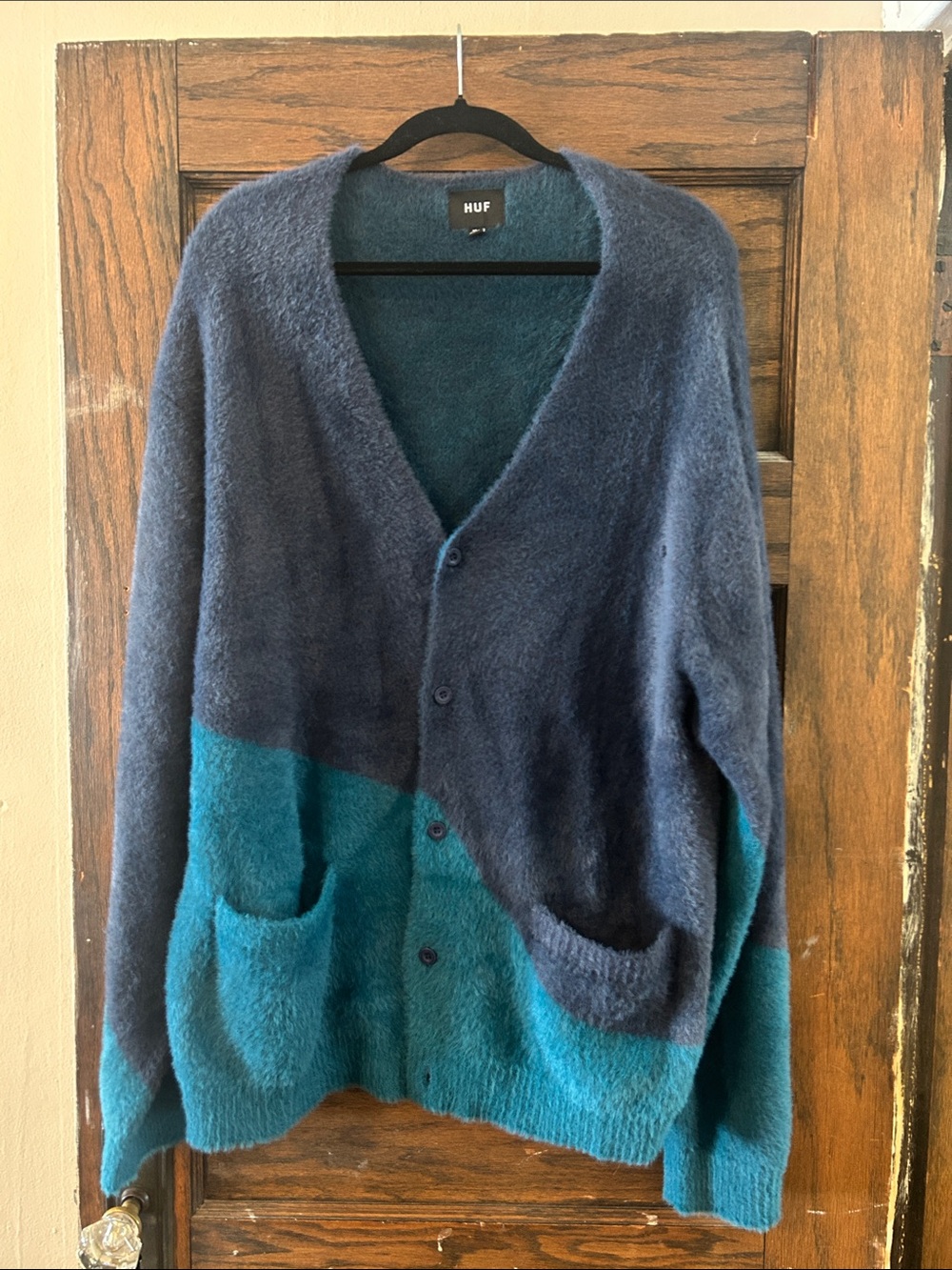HUF Navy and Teal Colorblock Mohair-Blend Cardigan